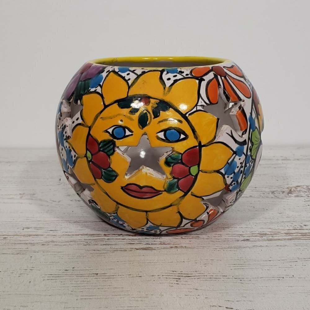 Handmade Hand painted Sun Moon Stars Flowers Colorful Candle Holder